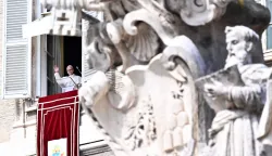 Pope Leo XIV addresses the crowd from a window of the apostolic palace overlooking St. Peter's Square during the Angelus prayer in The Vatican on March 8, 2026. (Photo by TIZIANA FABI/AFP)