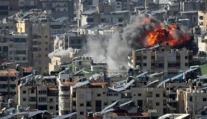 A fireball rises from the site of an Israeli air strike in the southern suburbs of the Lebanese capital Beirut on March 9, 2026. Lebanon was drawn into the Middle East war last week when Iran-backed militant group Hezbollah attacked Israel in response to the killing of Iranian supreme leader Ayatollah Ali Khamenei during US-Israeli strikes. (Photo by Ibrahim AMRO/AFP)