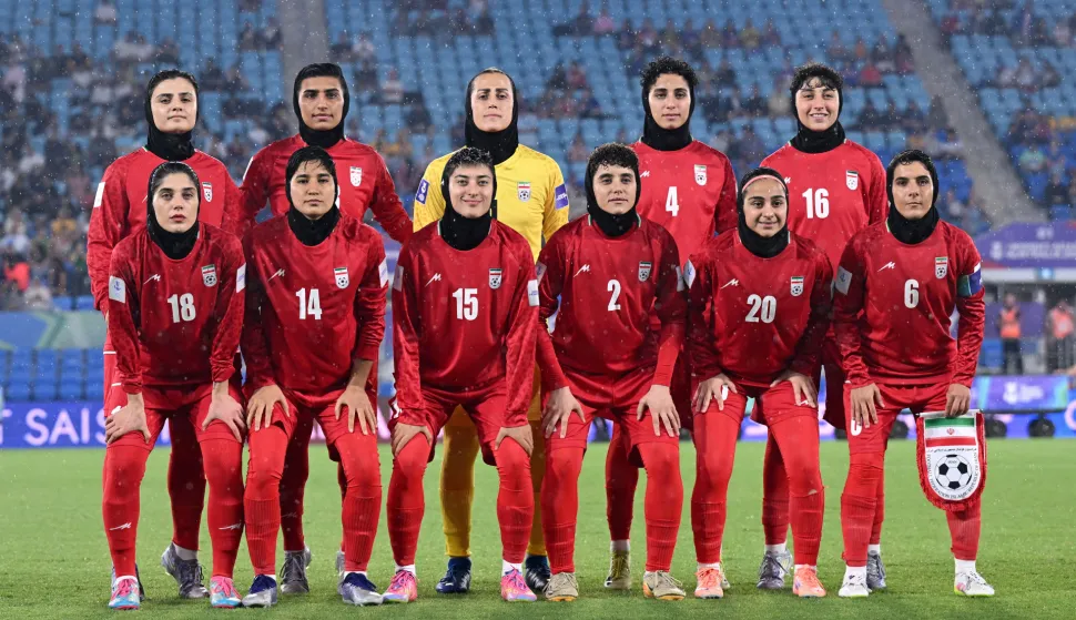 Iran players pose prior to the AFC Women's Asian Cup Group A match between Iran and Philippines at Gold Coast Stadium on the Gold Coast, Australia, March 8, 2026. Dave Hunt/AAP Image/via REUTERS ATTENTION EDITORS - THIS IMAGE WAS PROVIDED BY A THIRD PARTY. NO RESALES. NO ARCHIVE. AUSTRALIA OUT. NEW ZEALAND OUT. NO COMMERCIAL OR EDITORIAL SALES IN NEW ZEALAND. NO COMMERCIAL OR EDITORIAL SALES IN AUSTRALIA. EDITORIAL USE ONLY. Photo: DAVE HUNT/REUTERS