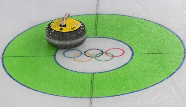 A general view of a curling stone during the curling men's round robin bronze medal game between Norway and Switzerland during the Milano Cortina 2026 Winter Olympic Games at the Cortina Curling Olympic Stadium in Cortina d?Ampezzo on February 20, 2026. (Photo by Stefano RELLANDINI/AFP)