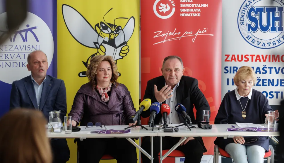 Zagreb, 03.03.2026. - Tri sindikalne sredi&scaron;njice - Savez samostalnih sindikata Hrvatske (SSSH), Nezavisni hrvatski sindikati (NHS) i Matica hrvatskih sindikata (MHS) te Sindikat umirovljenika Hrvatske (SUH) na konferenciji za novinare će najavili su prosvjed "Hrvatska zajedno za veće plaće i mirovine".&nbsp;Na fotografiji Dražen Jović, Sanja &Scaron;prem, Mladen Novosel, Vi&scaron;nja Stani&scaron;ić.foto HINA/ Edvard &Scaron;U&Scaron;AK