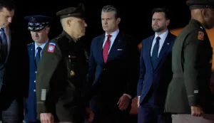 DOVER, DELAWARE - MARCH 09: Chairman of the Joint Chiefs of Staff Gen. Dan Caine (2nd L), U.S. Secretary of War Pete Hegseth (4th L) and Vice President JD Vance (5th L) participate in the dignified transfer of U.S. Army Sgt. Benjamin N. Pennington at Dover Air Force Base on March 9, 2026 in Dover, Delaware. Sgt. Pennington died of injuries sustained from an Iranian attack on Prince Sultan Air Base in Saudi Arabia on March 1, 2026. Chip Somodevilla/Getty Images/AFP (Photo by CHIP SOMODEVILLA/GETTY IMAGES NORTH AMERICA/Getty Images via AFP)