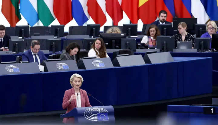 European Commission President Ursula von der Leyen speaks during a joint debate on the preparation of the European Council meeting on March 19 and 20, 2026 and on the US-Israeli military operation against Iran, at the European Parliament in Strasbourg, eastern France, on March 11, 2026. (Photo by FREDERICK FLORIN/AFP)
