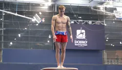 Osijek, 13. 04. 2025., Dvorana Gradski vrt, DOBRO World Cup, DOBRO World Cup 2025, finale, finale nedjelja, preskok, Aurel BenovićSNIMIO BRUNO JOBST