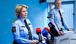 Grete Lien Metlid (L), head of the police's Joint Unit for Operational Service, and Frode Larsen, head of the Joint Unit for Investigation and Intelligence, give a press conference in connection with an explosion at the US Embassy in Oslo, on March 8, 2026. The US embassy in Oslo was hit by an explosion in the early hours of Sunday, March 8, 2026, but no one was injured, police in the Norwegian capital said, adding the cause was not immediately known. (Photo by Fredrik Varfjell/NTB/AFP)/Norway OUT