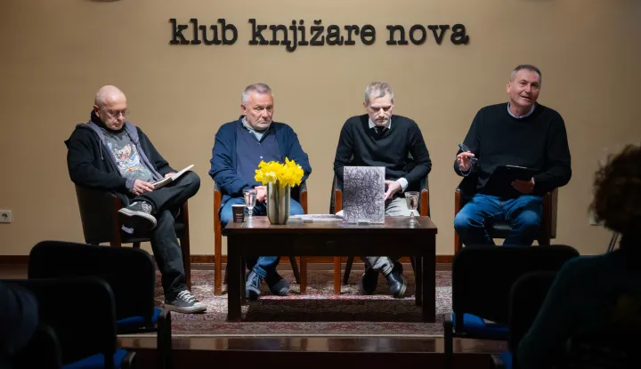 Osijek, 12. 3. 2026., Promocija knjige crteža Knjiga dojmovaGoran Rem; Ivan Doroghy; Danel Zec; Ivica Vuletić; knjiga; crteži; Knjižara Nova; Klub Knjižare Nova