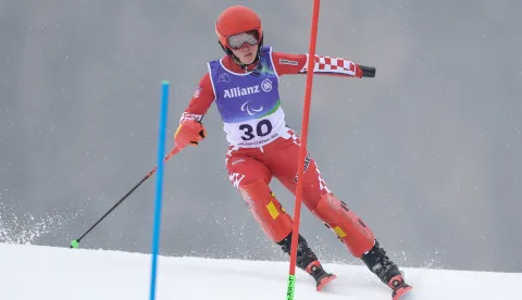 Cortina d'Ampezzo, 14.03.2026 - Hrvatska paraolimpijka Lucija Smeti&scaron;ko tijekom prve vožnje slaloma, stojeći, na Paraolimpijskim igrama Milano-Cortina 2026.foto HINA/ Damir SENČAR/ ds