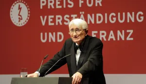 (FILES) German philosopher Jurgen Habermas speaks at the Jewish museum during a ceremony to award Jan Philipp Reemtsma and Hubertus Erlen with the prize for "Understanding and Tolerance" in Berlin, November 13, 2010. German philosopher J?rgen Habermas has died. The world-renowned intellectual passed away on March 14, 2026 at the age of 96 in Starnberg, a spokeswoman for the Suhrkamp publishing house told AFP news agency. She cited information from Habermas's family. (Photo by Odd ANDERSEN/AFP)