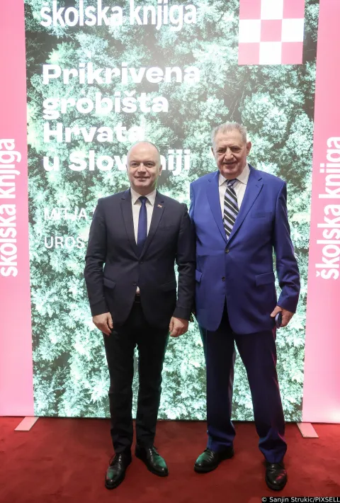 11.02.2026., Zagreb - Hrvatsko narodno kazaliste. Predstavljanje knjige "Prikrivena grobi&scaron;ta Hrvata u Sloveniji". Na predstavljanju je nazocio predsjednik Vlade RH Andrej Plenkovic, predsjednik Hrvatskoga sabora Gordan Jandrokovic te drugi visoki duznosnici.O knjizi su uz autore Mitje Ferenca i Urosa Kosira govorili i predsjednik Upravnog odbora Skolske knjige Ante Zuzul te povjesnixari Robin Harris i Zlatko Begonja. Photo: Sanjin Strukic/PIXSELL