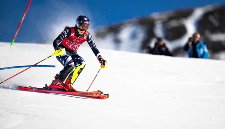 US' Mikaela Shiffrin competes in the first run of the Women's Slalom race during the FIS Ski World Cup event in Are, Sweden, on March 15, 2026. (Photo by Pontus LUNDAHL/TT News Agency/AFP)/Sweden OUT