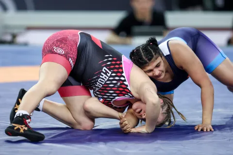 07.02.2026., Zagreb - Medjunarodni turnir u hrvanju, UWW Grand Prix Ranking Series Zagreb Open 2026. u Areni Zagreb.Cetvrtfinale do 72kg, zene, Veronika Vilk, Hrvatska - Diksha Malik, Indija. Photo: Igor Kralj/PIXSELL