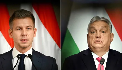 (COMBO) This combination of file photos created on March 13, 2026 shows Hungarian opposition leader and president of the TISZA (Respect and Freedom) party Peter Magyar (L) speaking during a press conference in Budapest, Hungary, on January 5, 2026, and Hungary's Prime Minister Viktor Orban addressing his annual press conference in Budapest, Hungary, on January 5, 2026. Hungary's long-time premier Viktor Orban and his main opponent Peter Magyar are set to stage rival marches in Budapest on Sunday, March 15, 2026, both pushing allegations of foreign interference four weeks before the elections. (Photo by Attila KISBENEDEK/AFP)