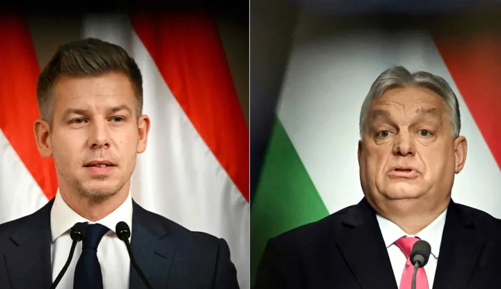 (COMBO) This combination of file photos created on March 13, 2026 shows Hungarian opposition leader and president of the TISZA (Respect and Freedom) party Peter Magyar (L) speaking during a press conference in Budapest, Hungary, on January 5, 2026, and Hungary's Prime Minister Viktor Orban addressing his annual press conference in Budapest, Hungary, on January 5, 2026. Hungary's long-time premier Viktor Orban and his main opponent Peter Magyar are set to stage rival marches in Budapest on Sunday, March 15, 2026, both pushing allegations of foreign interference four weeks before the elections. (Photo by Attila KISBENEDEK/AFP)