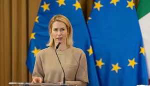 European Union High Representative for Foreign Affairs and Security Policy Kaja Kallas speaks during a press conference after a meeting with defence ministers of the European Group of Five (GoF) at the Collegium Maius - the Jagiellonian University's oldest building - in Krakow, Poland, on February 20, 2026. (Photo by Wojtek RADWANSKI/AFP)