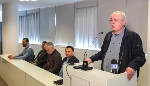 16.03.2026., Zagreb - Konferencija za novinare predstavnika sest sindikata javnih sluzbi koji su najavili prosvjed Sindikalno proljece. Matija Kroflin, Petar Jehtic, Zrinko Turalija, Kruno Kusec, Zeljko Stipic. Photo: Goran Stanzl/PIXSELL