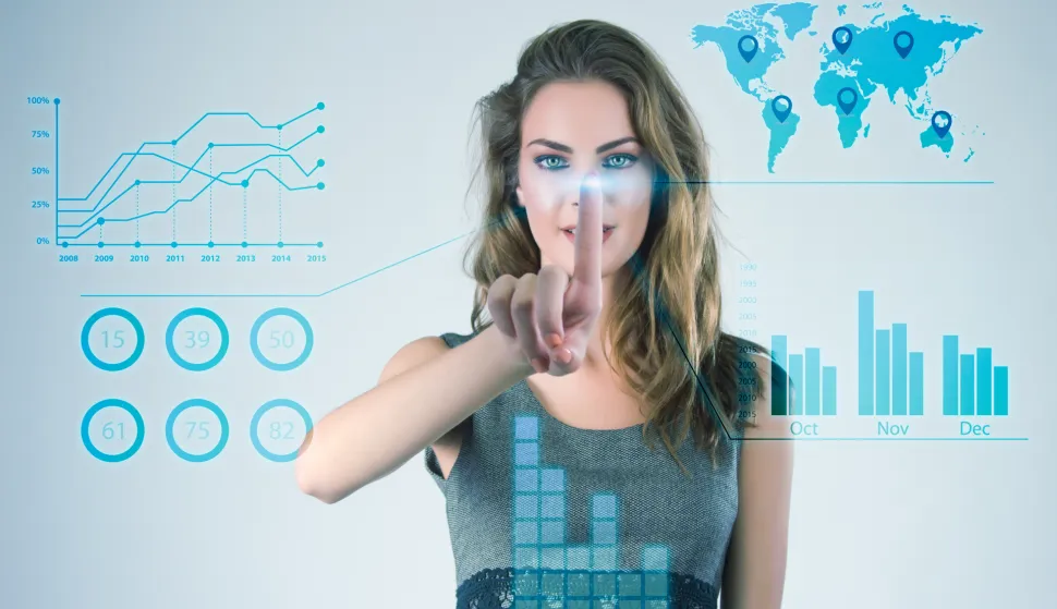 Businesswoman working with modern virtual technologies hands touching the screen.umjetna inteligencija ui ai ilustracija freepik