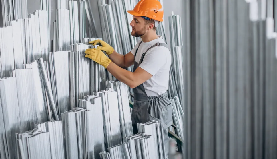 Workman at store house in orange helmetradnik alumnij metal ilustracija
