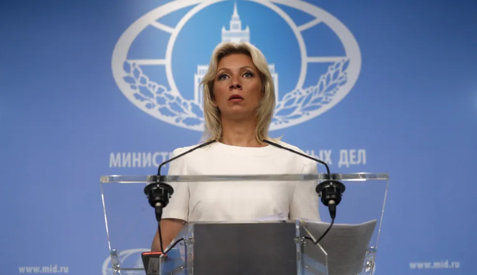 epa06925243 Maria Zakharova, the Russian Foreign Ministry's spokeswoman, attends a briefing in Moscow, Russia, 03 August 2018. Media reports on 31 July 2018 stated that Maria Zakharova has come out with a new career, writing lyrics for pops songs, with her work, 'Paid in Full' which is performed by Russian singer Katya Lel. EPA/MAXIM SHIPENKOV
