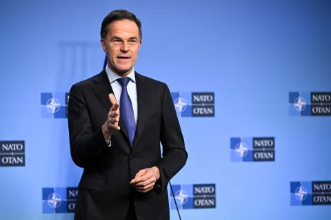 NATO Secretary General Mark Rutte speaks during a joint press conference with Ukraine's Defence Minister on the sidelines of a defence ministers meeting of The North Atlantic Treaty Organisation (NATO) at NATO Headquarters in Brussels, on February 12, 2026. (Photo by JOHN THYS/AFP)