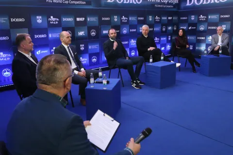 Osijek, 18. 03. 2026, Sokolski dom. Press konferencija, najava 17. Dobro World Cup Osijek. Mario Mihić, Vladimir Mađarević, Marijo Možnik, Josip Bičvić, Alen Nađsombati, Tatjana Turalija i Mario Vuikoja.snimio GOJKO MITIĆ