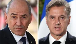(COMBO) This combination of file photos made on March 18, 2026, shows then Slovenia's Prime Minister Janez Jansa in Brussels, on May 31, 2022 (L); and Slovenia's Prime Minister Robert Golob in Portoroz on October 20, 2025. Slovenia is heading into a tight parliamentary election on March 22, 202, with the conservative opposition hoping to regain power, which could see the EU country retake an illiberal turn. Slovenian liberal Prime Minister Robert Golob is expected to face a tough challenge in polls from nationalist ex-premier Janez Jansa, who he unseated in 2022. (Photo by Emmanuel DUNAND/AFP)