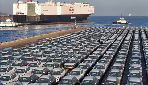 (FILES) This photograph taken on January 10, 2024 shows electric cars for export waiting to be loaded on the "BYD Explorer NO.1", a domestically manufactured vessel intended to export Chinese automobiles, at Yantai port, in eastern China's Shandong province. Canada will allow 49,000 Chinese electric vehicles to be imported under new, preferential tariff rates, Prime Minister Mark Carney said on January 16, 2026 after reaching a trade deal with China's leader Xi Jinping in Beijing. (Photo by AFP)/China OUT