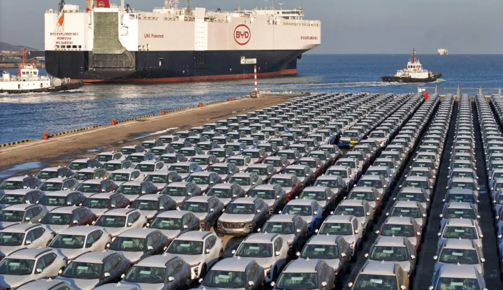 (FILES) This photograph taken on January 10, 2024 shows electric cars for export waiting to be loaded on the "BYD Explorer NO.1", a domestically manufactured vessel intended to export Chinese automobiles, at Yantai port, in eastern China's Shandong province. Canada will allow 49,000 Chinese electric vehicles to be imported under new, preferential tariff rates, Prime Minister Mark Carney said on January 16, 2026 after reaching a trade deal with China's leader Xi Jinping in Beijing. (Photo by AFP)/China OUT