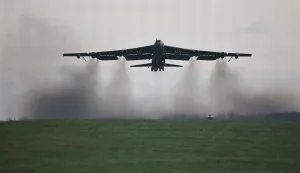A US Air Force B-52 Stratofortress bomber takes off from RAF Fairford in south-west England on March 15, 2026. Fairford is one of two bases, along with the Diego Garcia facility in the Indian Ocean, that the UK has given the US permission to use for "specific defensive operations into Iran" to destroy Iranian missiles at source, the British defence minister said in a statement. (Photo by Henry Nicholls/AFP)
