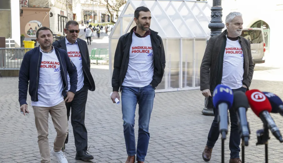 Zagreb, 19.03.2026 - Predstavnici &scaron;est sindikata javnih službi održali su konferenciju za medije na temu "Sindikalno proljeće počinje". Najavili su razloge, zahtjeve te mjesto i vrijeme prosvjednog skupa. Na fotografiji Krunoslav Ku&scaron;ec, Petar Jenkić, Matija Kroflin, Krunoslav Ku&scaron;ec.foto HINA/ Admir BULJUBA&Scaron;IĆ/ abu