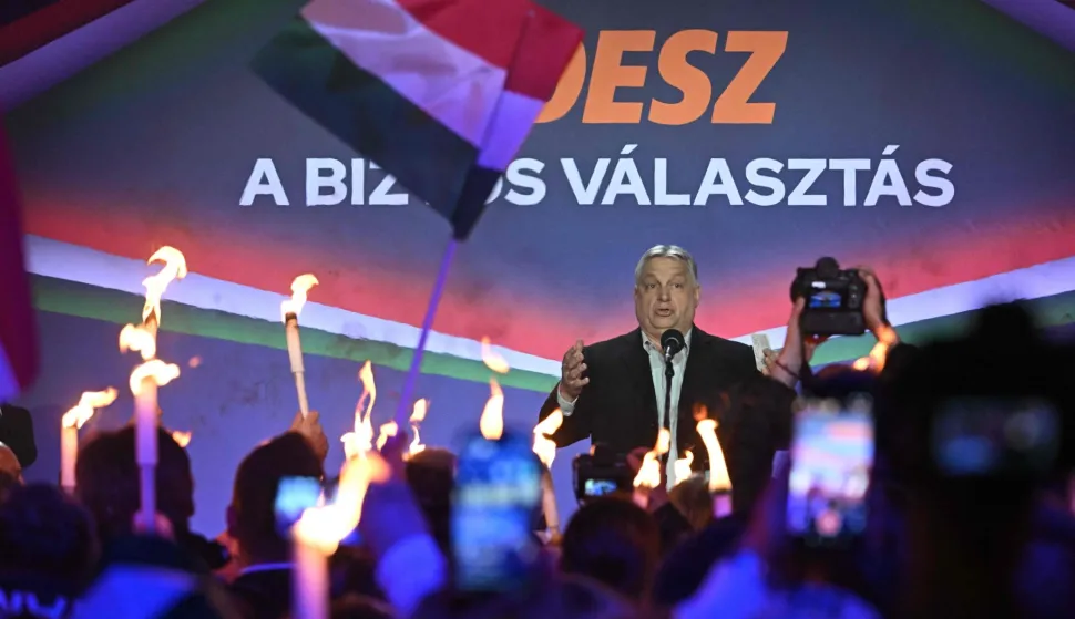 Hungarian Prime Minister Viktor Orban addresses his supporters at Szentendre town on March 20, 2026 as he continued his national campaign tour. Orban arrived directly from the Brussels EU summit to address supporters on key national issues in Szentendre, one of several stops on the Prime Minister?s nationwide tour ahead of the April parliamentary election. (Photo by Attila KISBENEDEK/AFP)