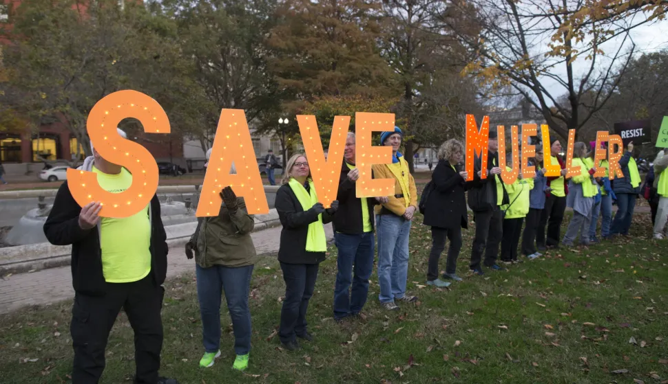 epa07152184 People protest against US President Donald J. Trump giving Acting Attorney General Matt Whitaker oversight of the Special Counsel investigation into alleged Russian 2016 presidential election meddling, at Lafayette Park in Washington, DC, USA, 08 November 2018 while holding signs refering to special counsel Robert Mueller. Upon the request of US President Donald J. Trump, Jeff Sessions handed in his resignation as US Attorney General, 07 November, and Deputy Attorney General Rod Rosenstein will no longer oversee the federal Russia investigation. EPA/MICHAEL REYNOLDS