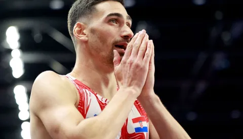 Croatia's Marino Bloudek reacts as he competes in the men's 800m semi-final heat 3 during the World Athletics Indoor Championships Kujawy Pomorze 2026 in Torun, Poland on March 21, 2026. (Photo by Wojtek RADWANSKI/AFP)