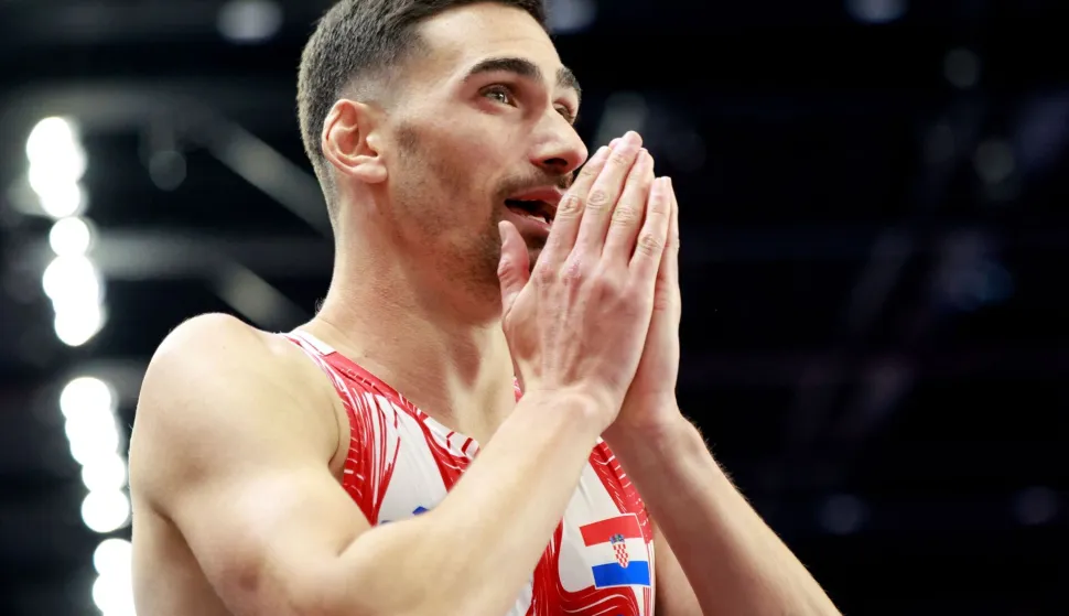 Croatia's Marino Bloudek reacts as he competes in the men's 800m semi-final heat 3 during the World Athletics Indoor Championships Kujawy Pomorze 2026 in Torun, Poland on March 21, 2026. (Photo by Wojtek RADWANSKI/AFP)