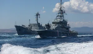 24.07.2025., Split - Hrvatska ratna mornarica izvodi vjezbu za vojni Mimohod 2025. Ophodni brod Umag (32) te skolski brod Andrija Mohorovicic (72). Photo: Igor Kralj/PIXSELL