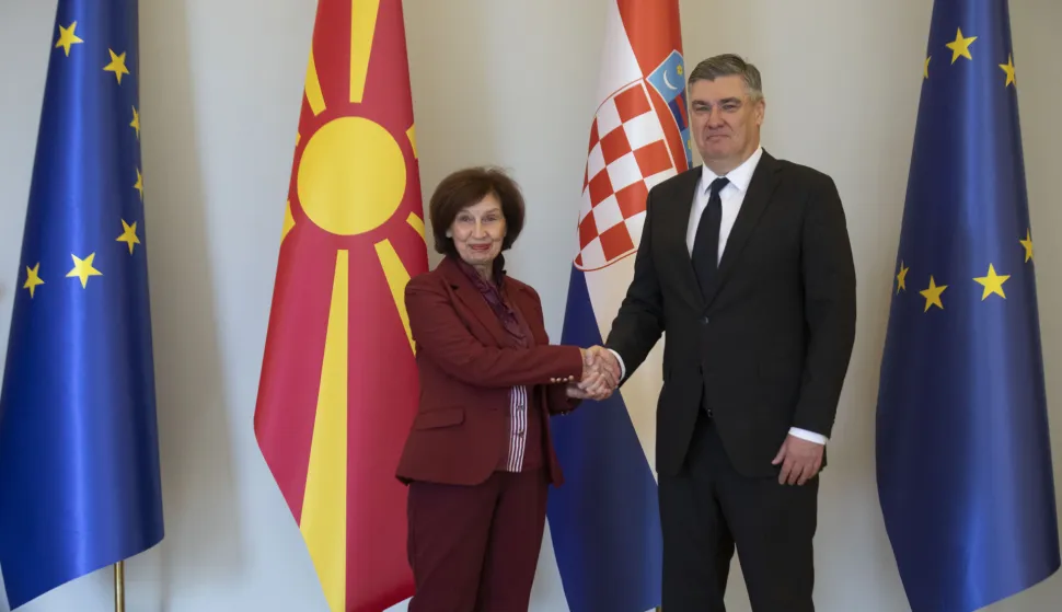 Zagreb, 24.03.2026 - Predsjednica Sjeverne Makedonije Gordana Siljanovska-Davkova u posjetu Hrvatskoj, sastala se s predsjednikom Zoranom Milanovićem na Pantovčaku. Na fotografiji Zoran Milanović, Gordana Siljanovska-Davkova.foto HINA/ Daniel KASAP/ dk