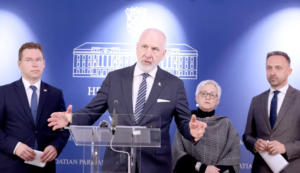 24.03.2026., Zagreb - Na konferenciji za medije odrzanoj u Saboru o temi "10. paket mjera za zastitu standarda gradjana i konkurentnosti gospodarstva" govorili su zastupnici Marko Pavic, Vesna Bedekovic, Marin Piletic i Andro Krstulovic Opara. Photo: Patrik Macek/PIXSELL