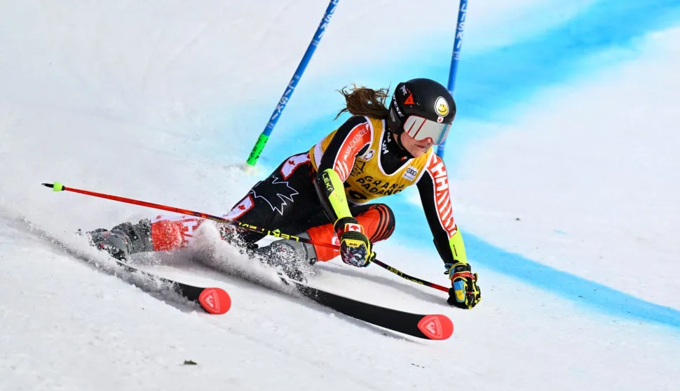 Canada's Valerie Grenier competes in the first run of the women's giant slalom race during the FIS Ski World Cup event in Are, Sweden, on March 14, 2026. (Photo by Pontus LUNDAHL/TT News Agency/AFP)/Sweden OUT