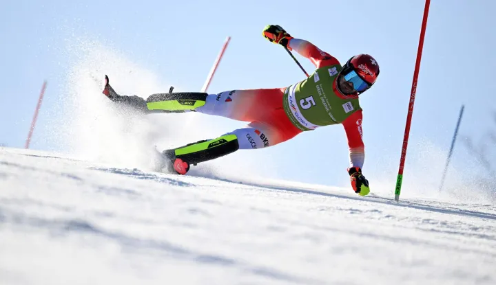 Switzerland's Loic Meillard falls during the first run of the Men's Slalom event, part of FIS Alpine Ski World Cup 2025-2026 in Kranjska Gora, Slovenia on March 8, 2026. (Photo by JURE MAKOVEC/AFP)
