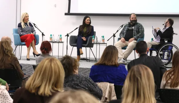 Osijek 25. 03. 2026, IT centar. Konferencija o mentalnom zdravlju: A kako si ti ?. Marija Kribl, Centar za mentalno zdravlje Osijek, Tatjana Turalija, dr. sc. Damir Marinilć i Sa&scaron;a Drinić.snimio GOJKO MITIĆ