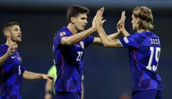 Zagreb, 12.10.2024 - Utakmica 3. kola Lige nacija između reprezentacja Hrvatske i &Scaron;kotske na stadinu u Maksimiru. Na slici Igor Matanović, Borna Sosa, Andrej Karamarić slave zgoditak koji je postigao Igor Matanović.foto HINA/ Damir SENČAR/ ds