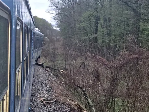 Bjelovar, 26.03.2026. - Zbog naleta na sru&scaron;eno drvo između kolodvora Bjelovar i Klo&scaron;tar u četvrtak u 17.40 sati do&scaron;lo je do iskliznuća vlaka 787 koji je vozio na relaciji Zagreb GK-Virovitica, u njemu je bilo 40-ak putnika od kojih je prema prvim informacijama lak&scaron;e ozlijeđeno troje. foto HINA/ Igor KOKORU&Scaron;/ ml