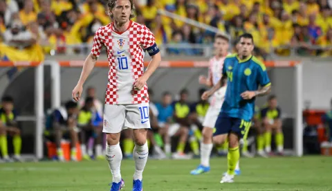 Croatia's midfielder #10 Luka Modric looks on during a friendly football match between Colombia and Croatia at Camping World Stadium in Orlando, Florida, on March 26, 2026. (Photo by Miguel J. Rodriguez CARRILLO/AFP)
