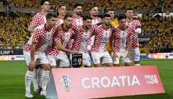 (From L) Croatia's national team players Igor Matanovic, Luka Vuskovic, Mario Pasalic, Nikola Vlasic, Martin Erlic, Marco Pasalic, Marin Pongracic, Petar Sucic, Dominik Livakovic, Nikola Moro and Ivan Perisic pose for a photo ahead of a friendly football match between Colombia and Croatia at Camping World Stadium in Orlando, Florida, on March 26, 2026. (Photo by Miguel J. Rodriguez CARRILLO/AFP)