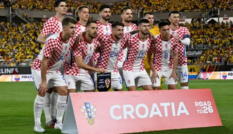 (From L) Croatia's national team players Igor Matanovic, Luka Vuskovic, Mario Pasalic, Nikola Vlasic, Martin Erlic, Marco Pasalic, Marin Pongracic, Petar Sucic, Dominik Livakovic, Nikola Moro and Ivan Perisic pose for a photo ahead of a friendly football match between Colombia and Croatia at Camping World Stadium in Orlando, Florida, on March 26, 2026. (Photo by Miguel J. Rodriguez CARRILLO/AFP)