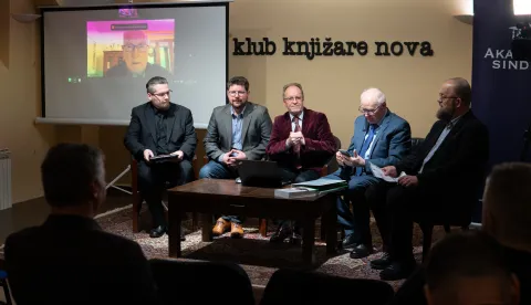 Osijek, 27. 3. 2026., Visoko obrazovanje na stranputici - okrugli stol, Knjižara NovaIvica Kostović; Luka Peru&scaron;ić; Ivan Perkov; Miljenko &Scaron;impraga; Ante Čović; Ivica Kelam; visoko obrazovanje; okrugli stol; obrazovanje; akademski sindikat