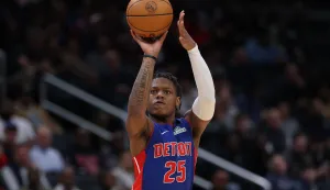 WASHINGTON, DC - MARCH 17: Marcus Sasser #25 of the Detroit Pistons shoots against the Washington Wizards during the second half at Capital One Arena on March 17, 2026 in Washington, DC. NOTE TO USER: User expressly acknowledges and agrees that, by downloading and or using this photograph, User is consenting to the terms and conditions of the Getty Images License Agreement. Patrick Smith/Getty Images/AFP (Photo by Patrick Smith/GETTY IMAGES NORTH AMERICA/Getty Images via AFP)