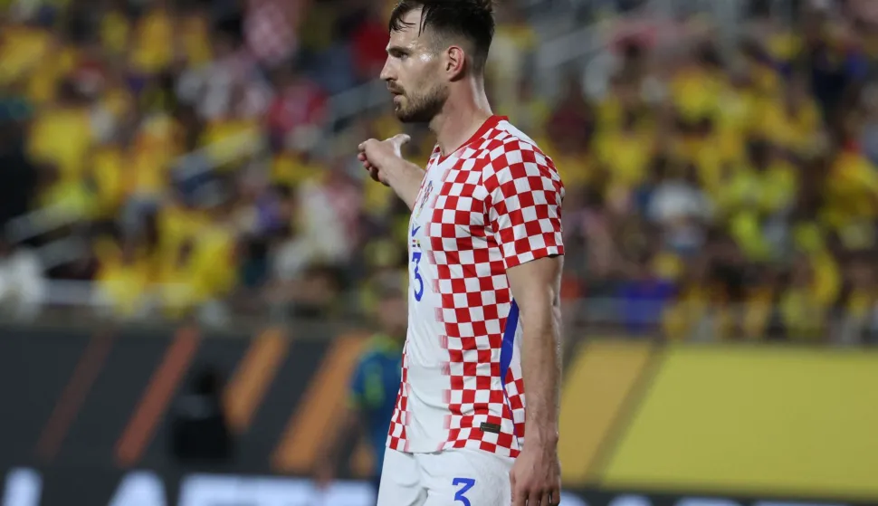 ORLANDO, FLORIDA - MARCH 26: Marin Pongracic of Croatia gestures during the international friendly match between Colombia and Croatia at Camping World Stadium on March 26, 2026 in Orlando, Florida. Leonardo Fernandez/Getty Images/AFP (Photo by Leonardo Fernandez/GETTY IMAGES NORTH AMERICA/Getty Images via AFP)