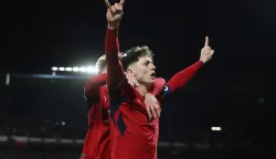 Czech Republic's defender #07 Ladislav Krejci (R) celebrates with Czech Republic's midfielder #15 Pavel Sulc after scoring the 2-1 goal during the first period of extra time during the FIFA World Cup 2026 European qualification final football match Czech Republic vs Denmark on March 31, 2026 in Prague, Czech Republic. (Photo by Michal Cizek/AFP)