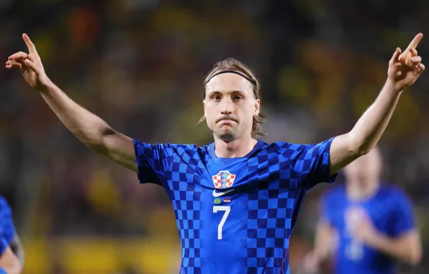 ORLANDO, FLORIDA - MARCH 31: Lovro Majer of Croatia celebrates after scoring his team's first goal during the international friendly match between Brazil and Croatia at Camping World Stadium on March 31, 2026 in Orlando, Florida. Rich Storry/Getty Images/AFP (Photo by Rich Storry/GETTY IMAGES NORTH AMERICA/Getty Images via AFP)
