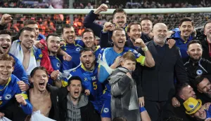 Bosnia team celebrates victory after the final soccer match for the qualification for the 2026 World Cup between Bosnia Herzegovina and Italy at the Stadion Bilino Polje in Zenica, Bosnia Erzegovina. - March 31, 2026. Sport - Soccer. (Photo by Fabio Ferrari/LaPresse) (Photo by Fabio Ferrari/LaPresse/Sipa USA) Photo: LaPresse/SIPA USA